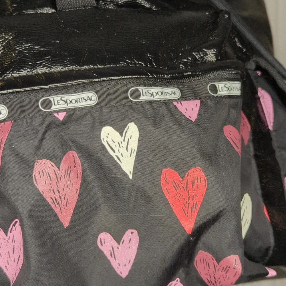 LeSportsac Black Backpack with Red, Pink, White Hearts - Picture 4 of 9